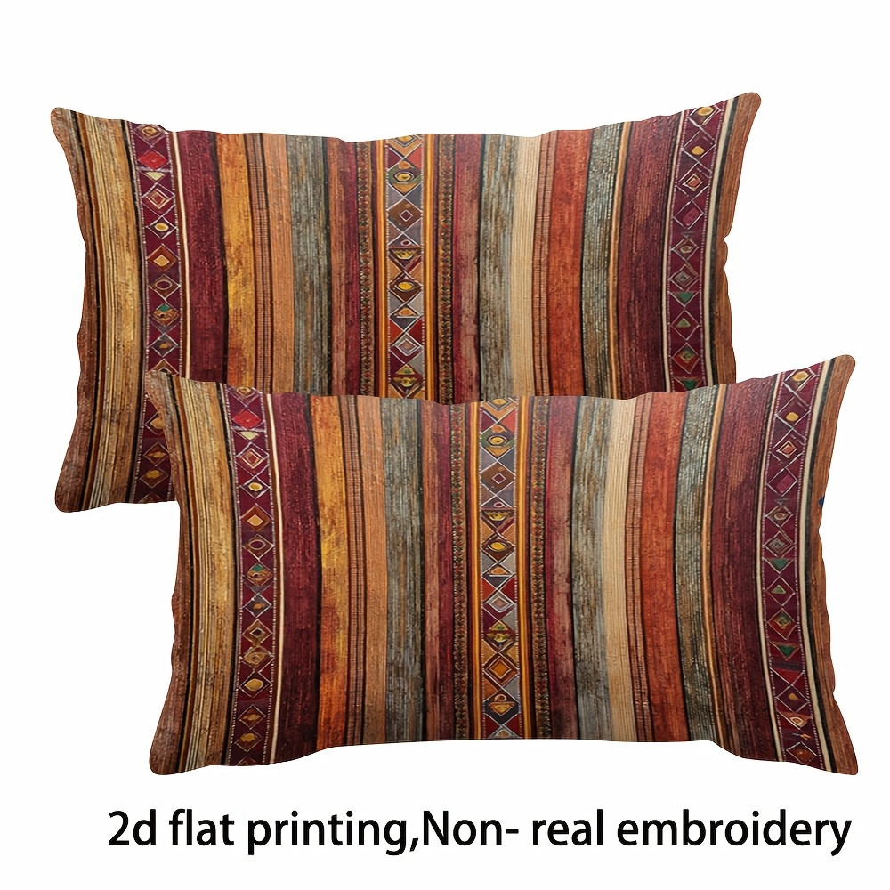 TEMU 2pcs Set Short Plush Pillowcases, Traditional African Stripe Pattern, Oil Painting Texture, Warm With Burgundy, High-precision Double-sided