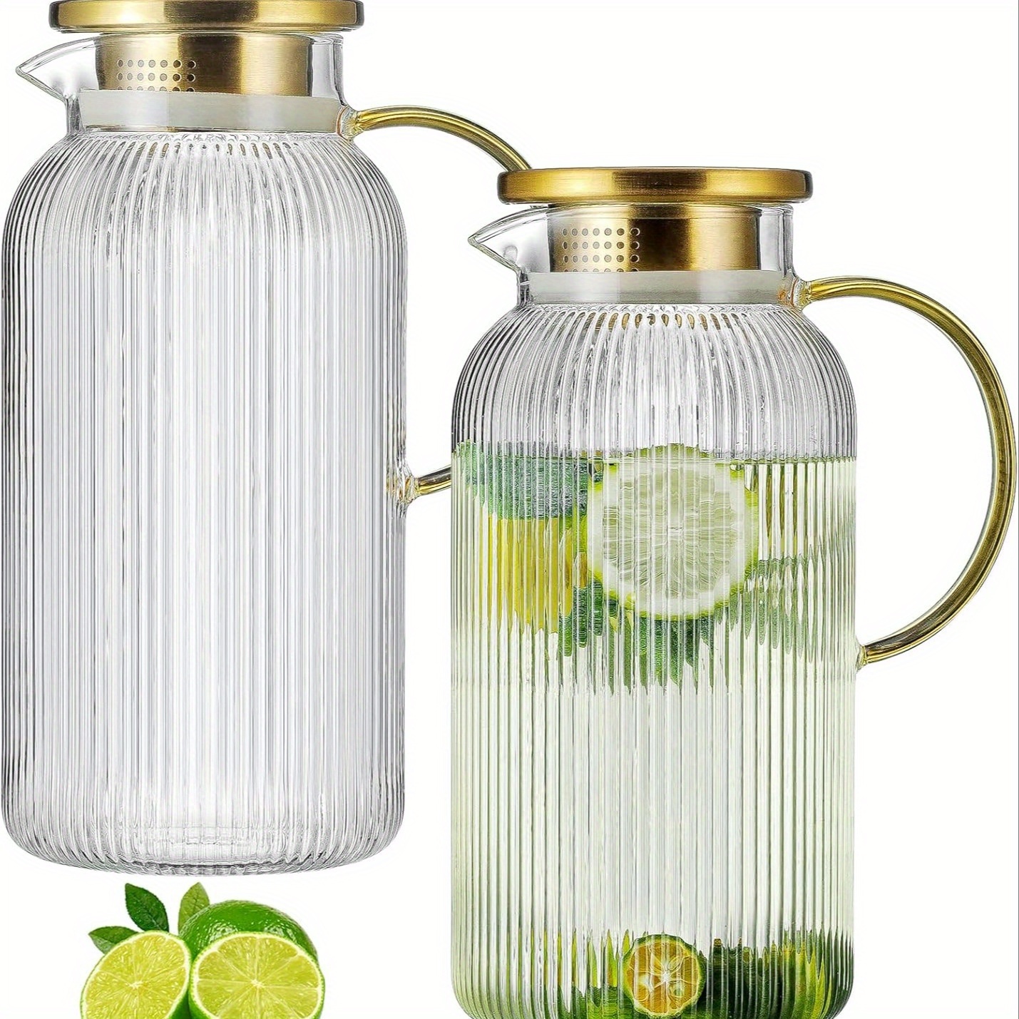 2 pack glass pitcher with lid 68 oz 2 liter classic vertical stripes water pitcher glass water carafe for cold brew coffee lemonade iced   beverage milk heat resistant