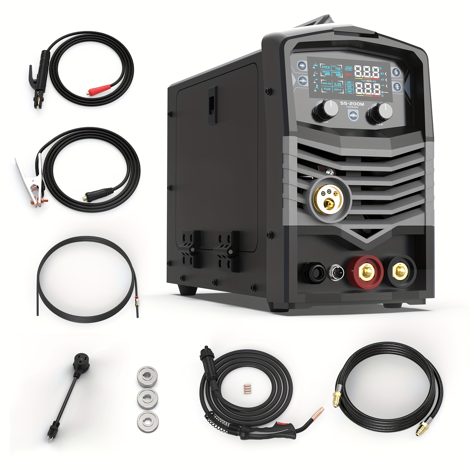 Poste à Souder MIG 200A 5-en-1 | Gaz / Sans Gaz | MMA, Lift TIG, Bobineuse | 230V | Écran LED | MIG200