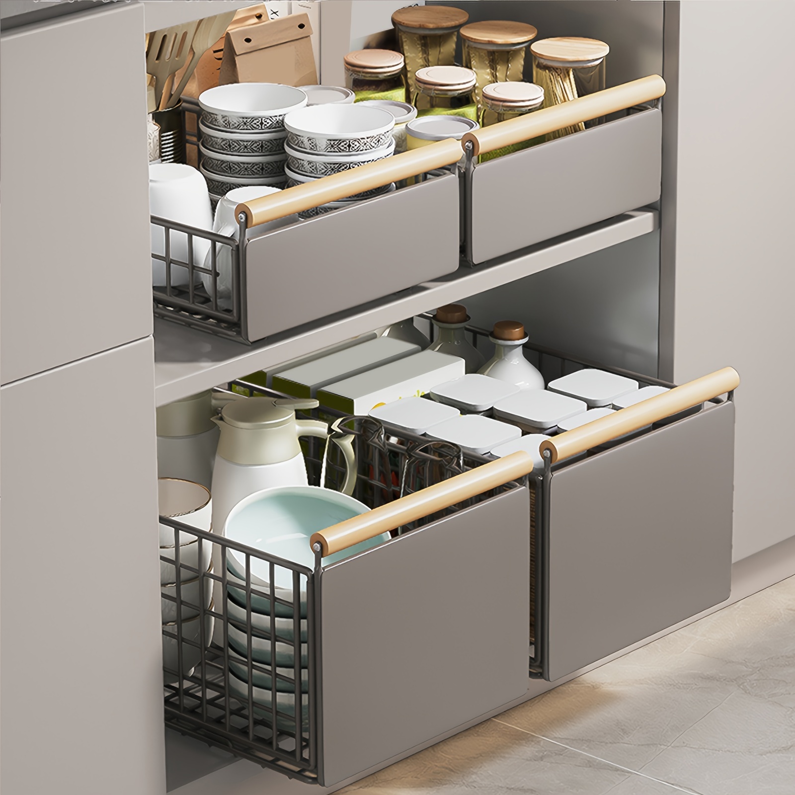 

1pc Contemporary Metal Slide-out Cabinet Drawer Organizer, Under Sink Storage Basket For Kitchen Supplies, Condiments, Dishes, Cutlery & Snacks - Versatile Pull-out Storage Rack