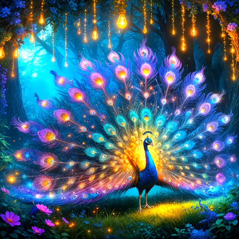 TEMU 1pc Peacock Fan Picture Diamond Painting Kit In , 5d Diamond Painting Craft Set, Suitable For Beginners And Adults, Round Canvas Art Kit - With