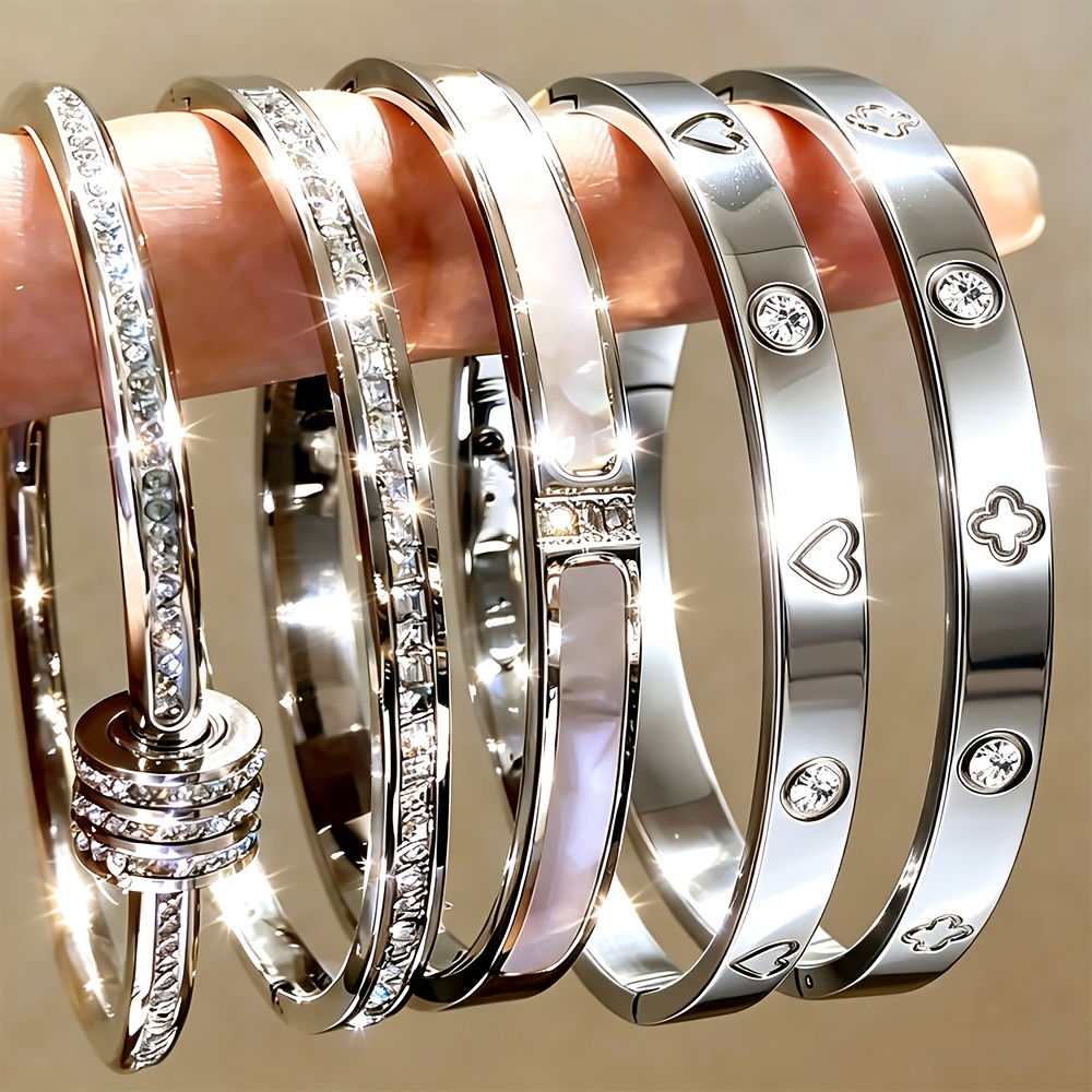 TEMU 5pcs Bracelet Set, Stainless Steel Stackable Bracelet Set With Simulated Zirconia, Shell, Heart And Clover, Fashion Jewelry Gift