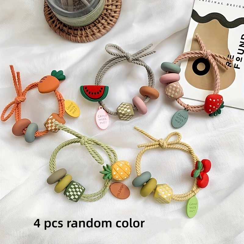 4pcs Random Color / 3pcs Random Beaded Hair Ties For Women, Cute Cartoon Hair Elastics, High-elasticity Hair Bands For Ponytails And Buns, Hair Accessories