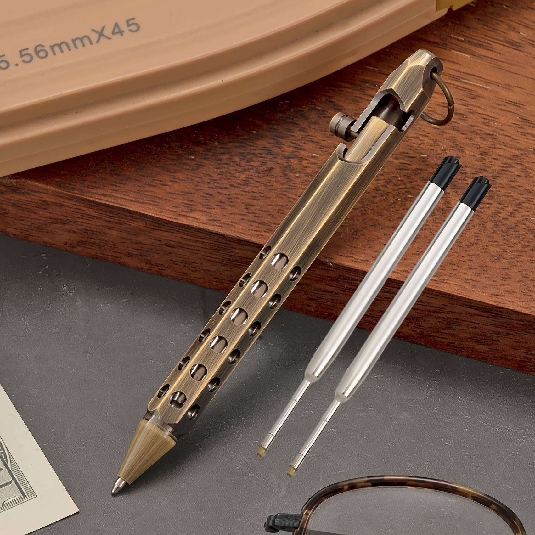 Elegant Hexagonal Brass Metal Ballpoint Pen Set - With 2 Refill, Tactical Body Shape, Retractable Twist Closure, Medium Metal Pen, Black Ink, Office Stationery, Perfect Gift