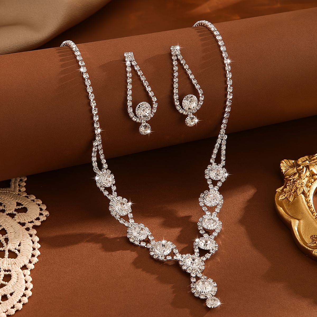 Copper Rhinestone Studded Necklace Set for Women