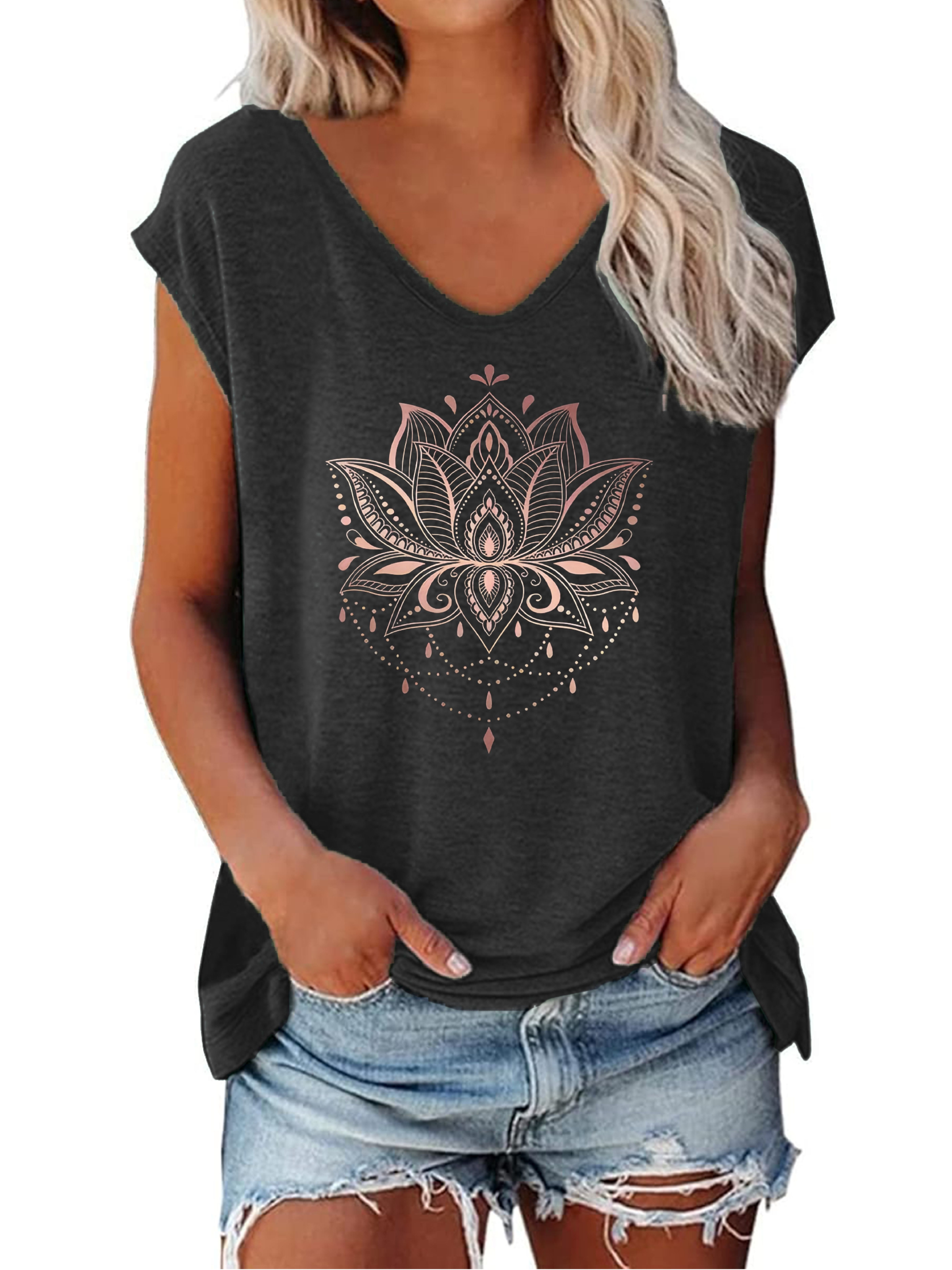 Lotus Print V-neck T-Shirt, Casual Cap Sleeve T-Shirt For Spring & Summer, Women's Clothing