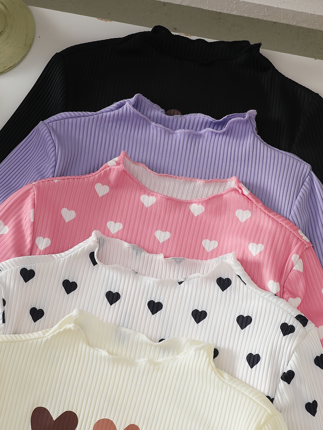 5pcs Girls' Heart Pattern Long-Sleeve Tops Set, Spring/Autumn