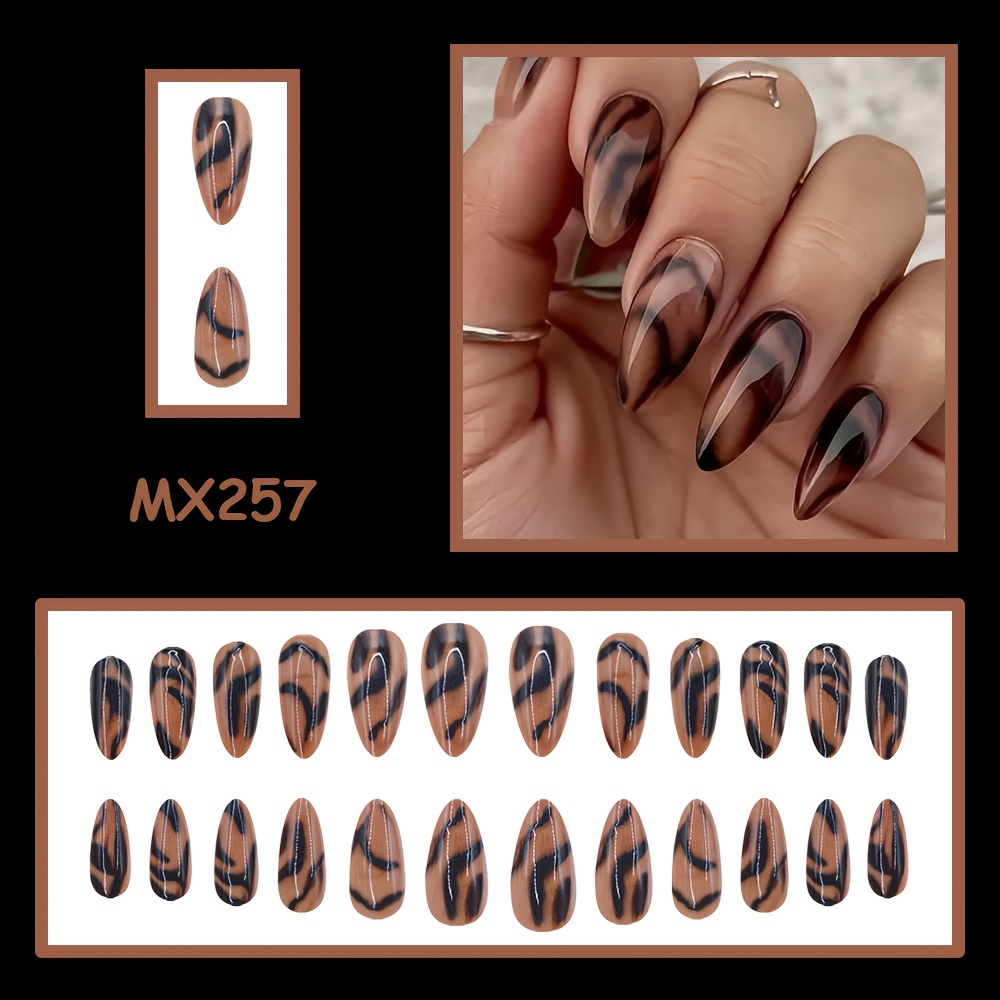 TEMU 24pcs Almond-shaped Press-on Nails Suitable For Women - European Smudged Art & Striped Fake Nails, Glossy Medium Length Extensions For Autumn