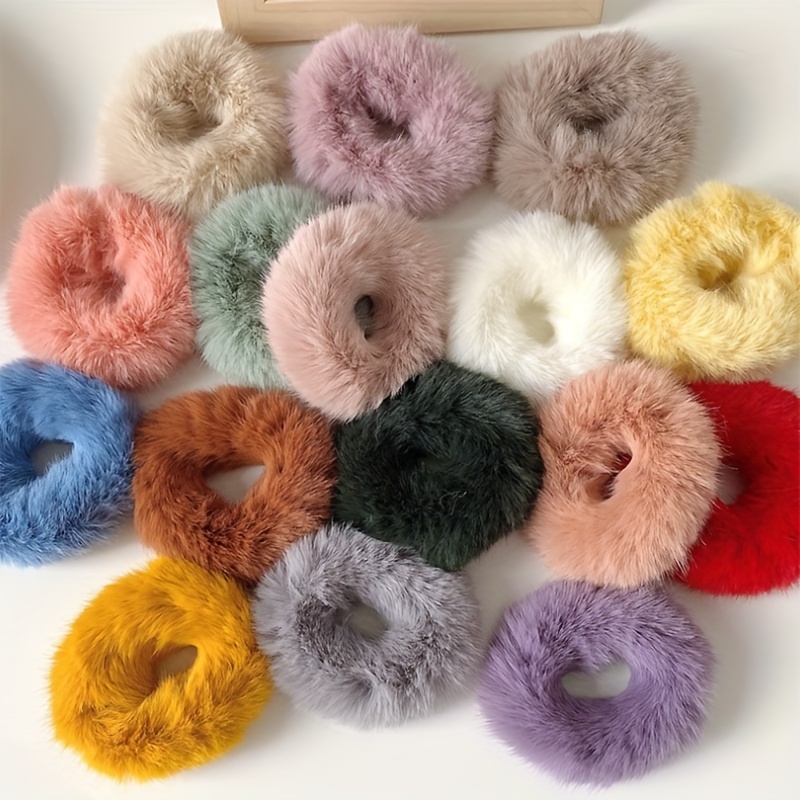 

15pcs Plush Hair Scrunchies Set, Soft Fur Hair Bands For Women, Elegant & , Assorted Colors