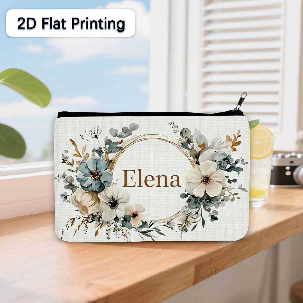 TEMU 2d Flat Printing, 1pc Cosmetic Bag, Floral Frame With Name Elena Spacious, Lightweight Cosmetic Bag, For Travel, Bathroom, Cosmetic Bag, Makeup