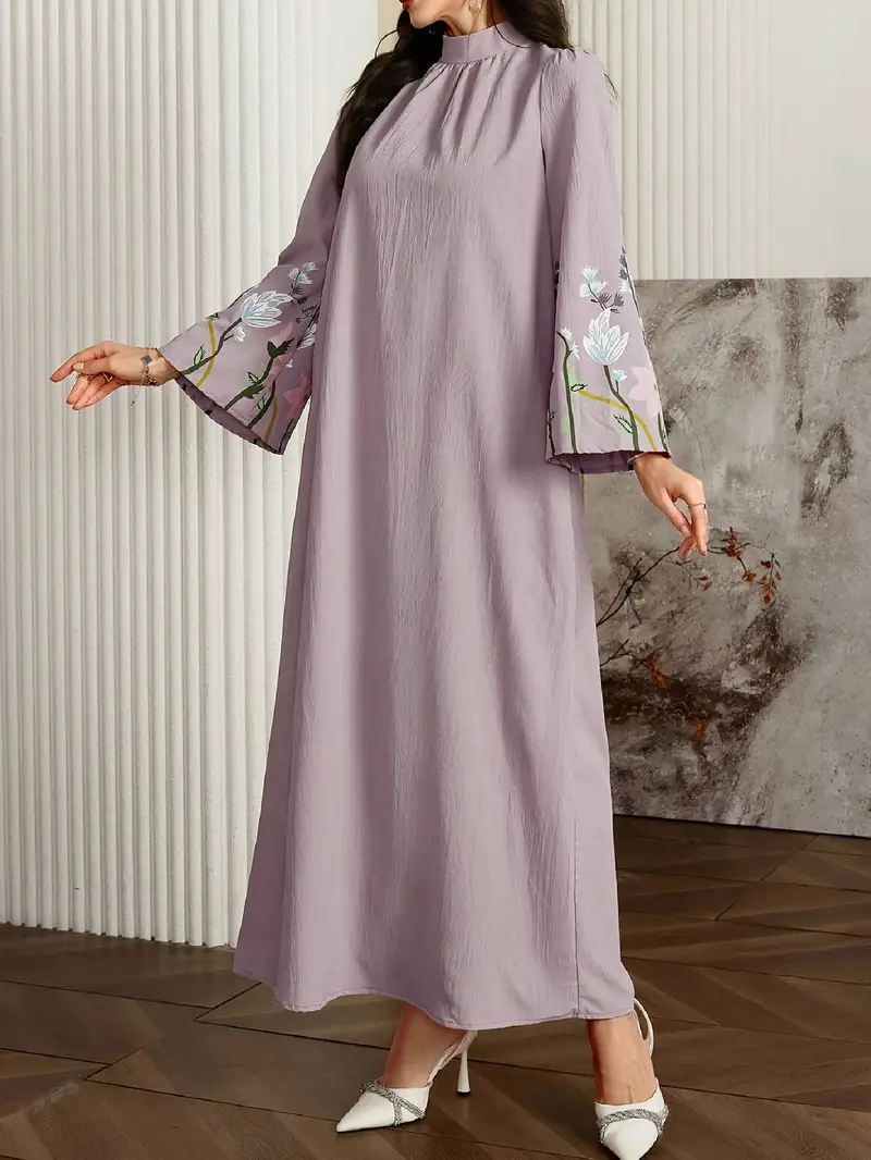 conservative casual dress Veilorie Conservative Casual Collared Ruched Sleeve Dress, Women Arabic Style Long Dress