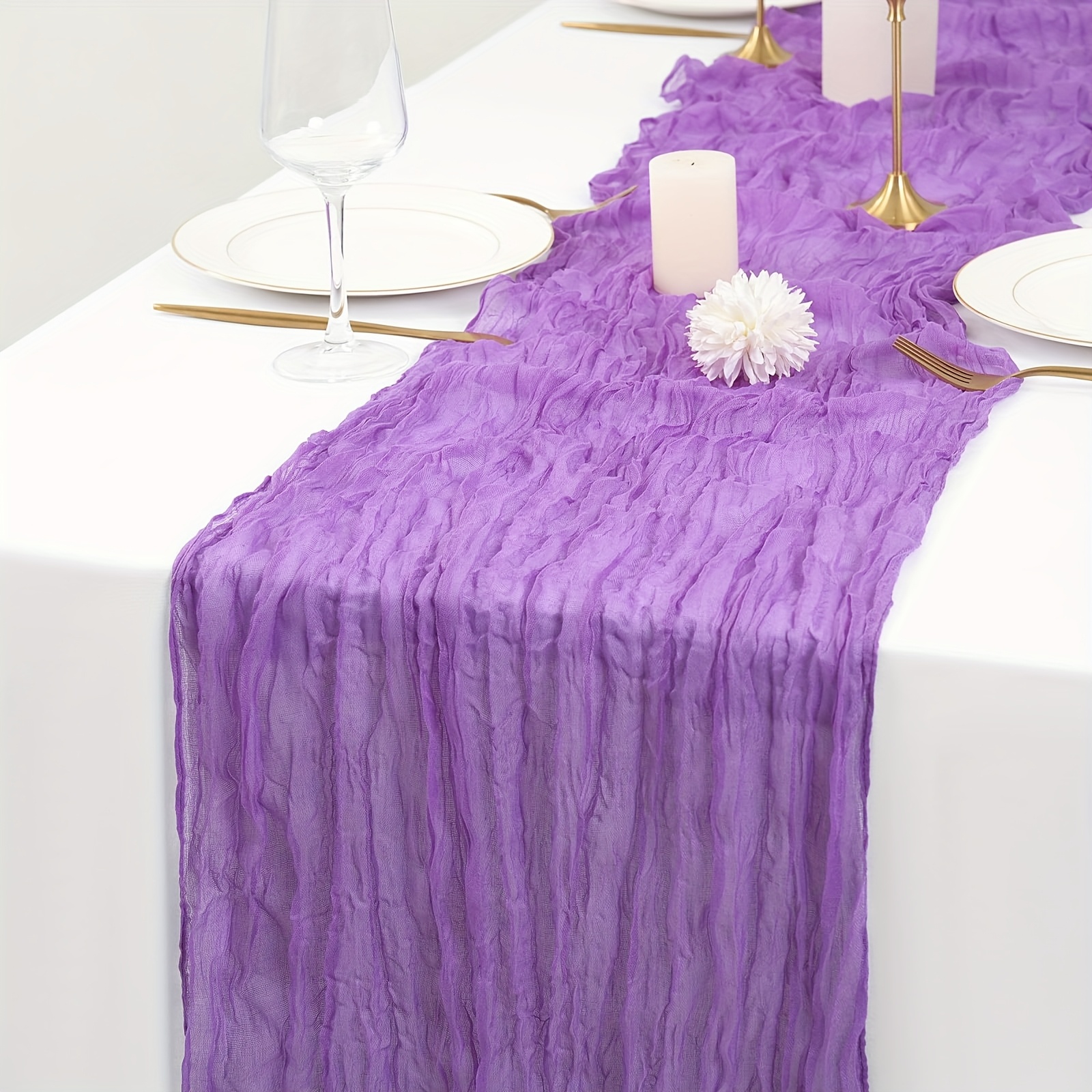 

1pc Chemin de table en mousseline violette , Nappe en polyester rustique , Tissu tissé rectangulaire de couleur unie pour mariage, fête d'anniversaire, Halloween, décorations de Noël