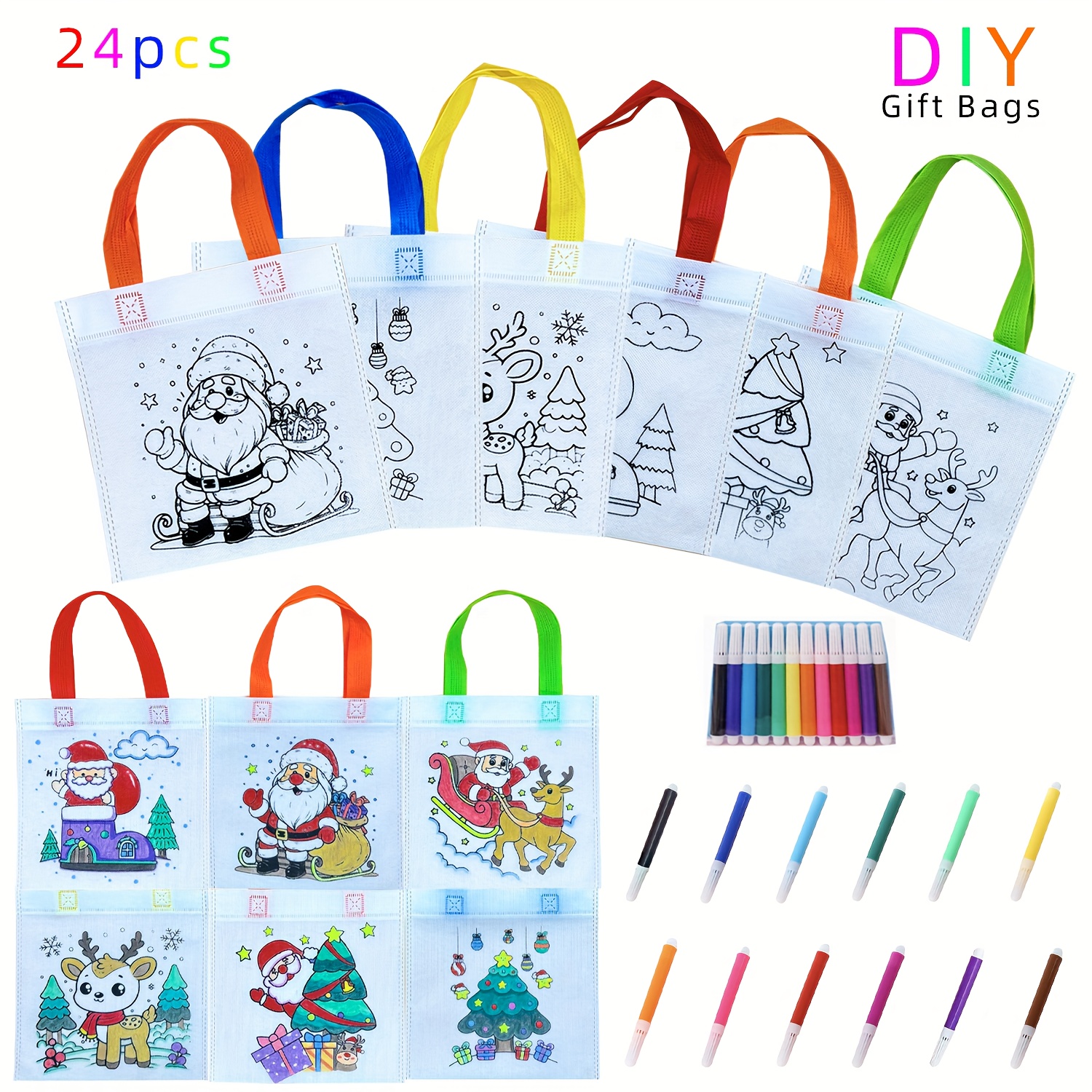 Image of 24pcs Christmas Doodle Bags, Colored Handle Gift Bags, Uncolored Diy Coloring Bags, Suitable For Party Favors And Gift Wrapping, 12 Bag Designs + 12 Colored Pens