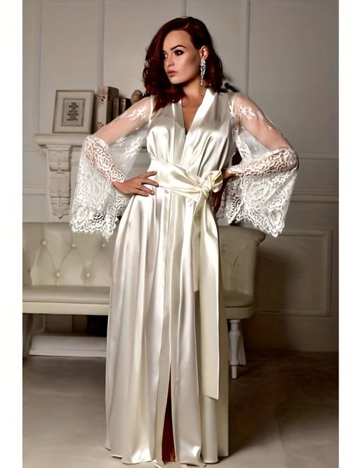 elegant womens lace casual robe with v neck floral lace sleeves like polyester nightwear for autumn winter lounging at home autumn nightwear loungewear polyester robe