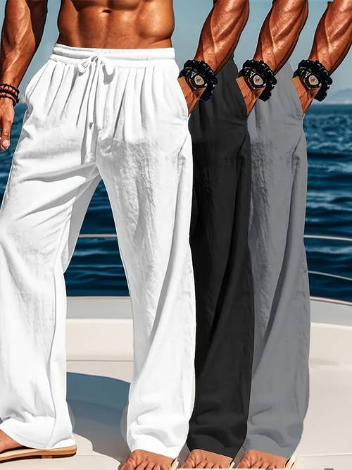 3 pairs of mens casual linen pants comfortable and loose fitting for suitable for the beach and leisure regular fit wearable summer autumn and winter