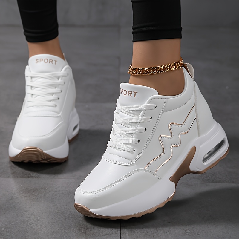 Tenis para mujer SOSENFER - Blancos con detalles dorados, cierre de agujetas, suela acolchada de PU para uso diario, gimnasio u oficina, zapatos versátiles para todas las estaciones, tenis deportivos, elegantes zapatos para mujer, interior forrado en tela