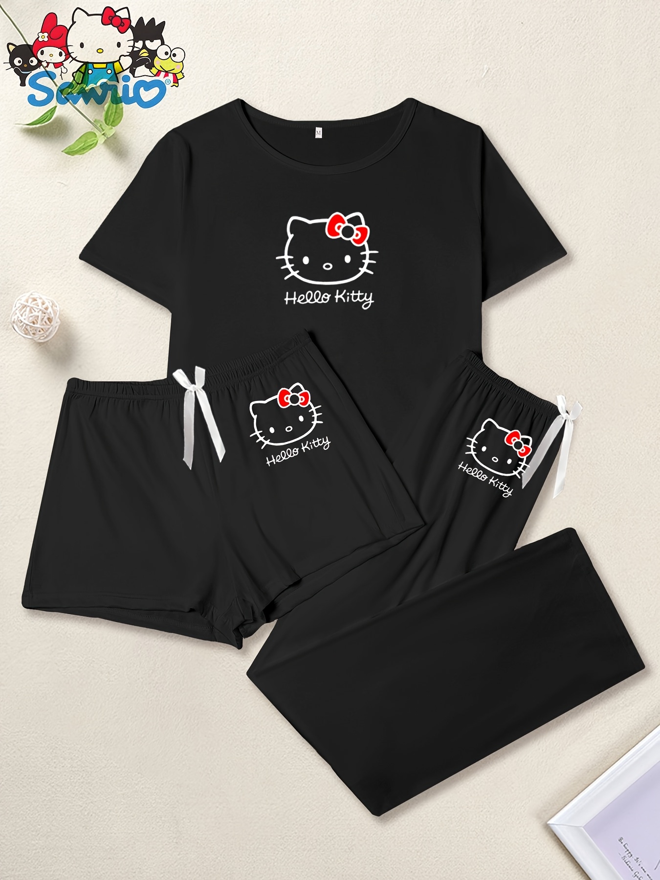 3pcs   womens pajama set casual cartoon print round neck knit polyester with elastane spring summer sleepwear with bow detail Product details 1