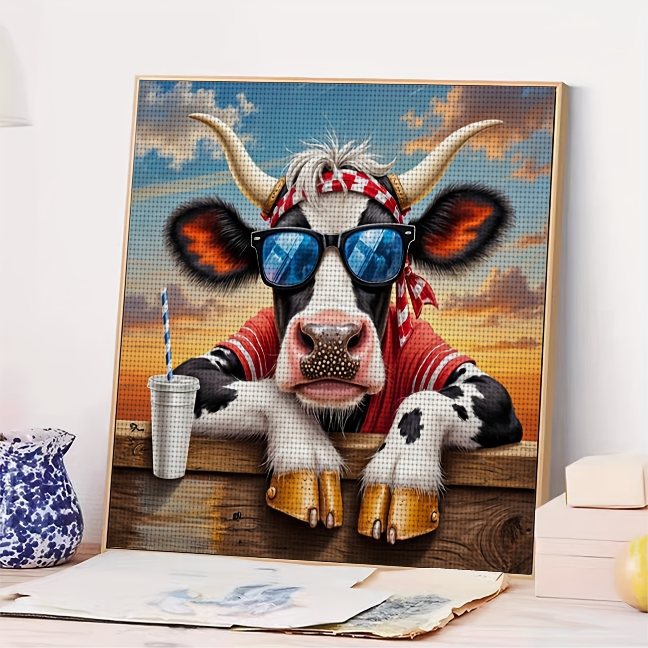 Printed DIY Cross Stitch Kit with Cow Design