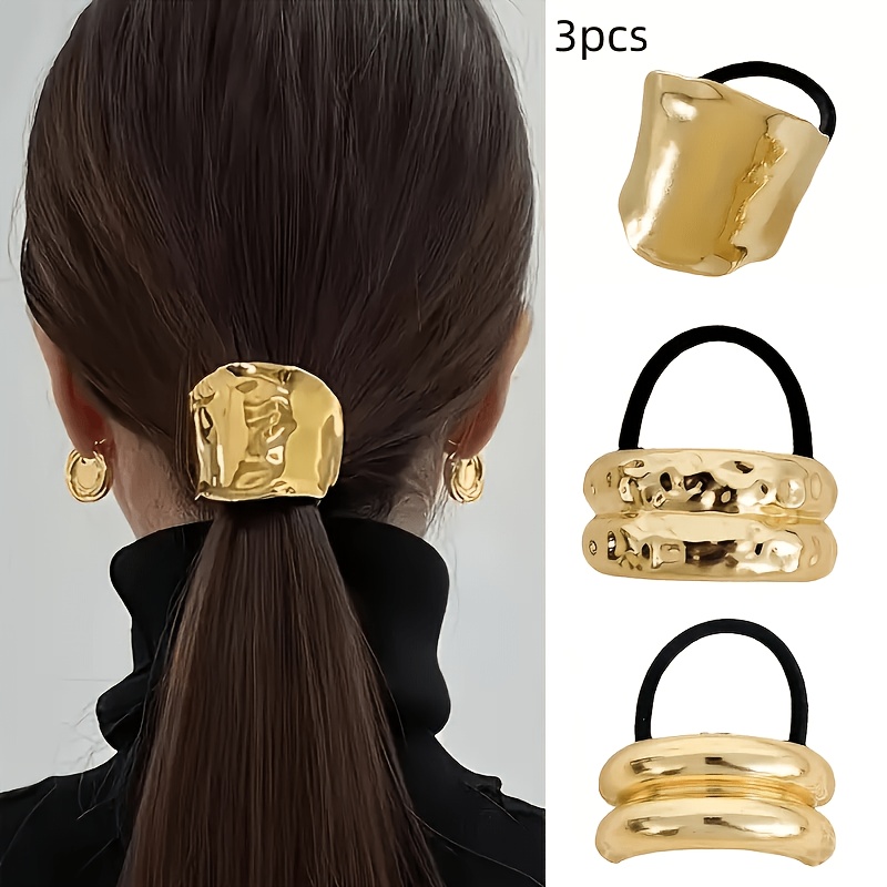 TEMU 3pcs Set Of Alloy Shiny Hair Ties In Different Styles, High-elasticity Ponytail Holders, Suitable For , The Accessory For Women