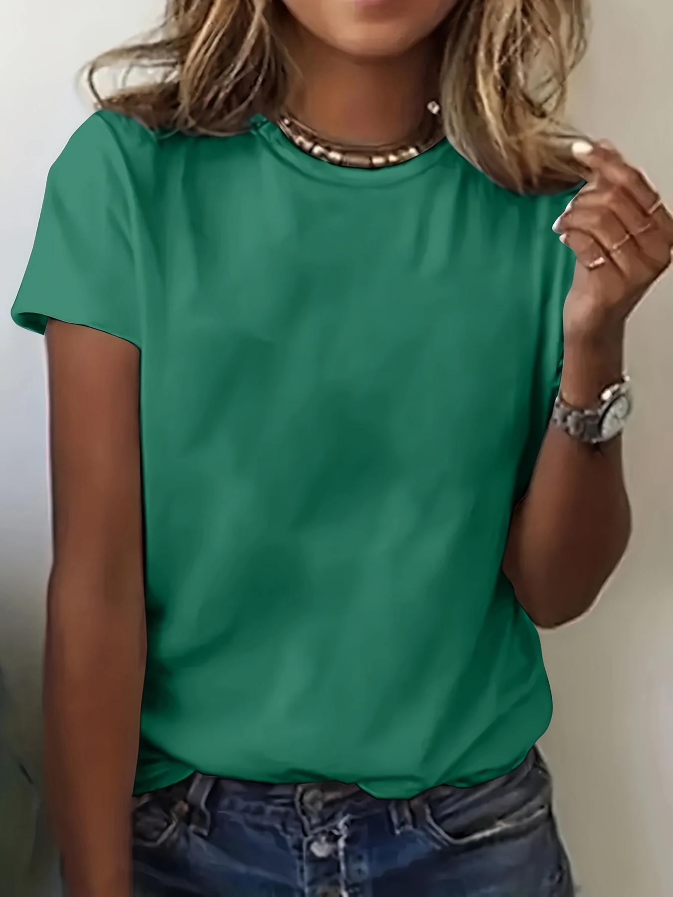 Women's Elegant Casual Short Sleeve T-Shirt - Round Neck Solid Black Top, Medium Stretch Machine-Washable Fabric, Versatile All-Season Wear for Everyday & Formal Outfits, Versatile Clothing, Sophisticated Style, Comfortable Fit