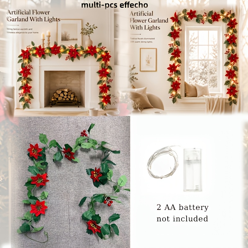 TEMU 1pc Set Luxury Combination Pack - Large Size Christmas Holly Vine With Warm Led Lights - Suitable For Christmas Indoor Outdoor Home Party Decor,