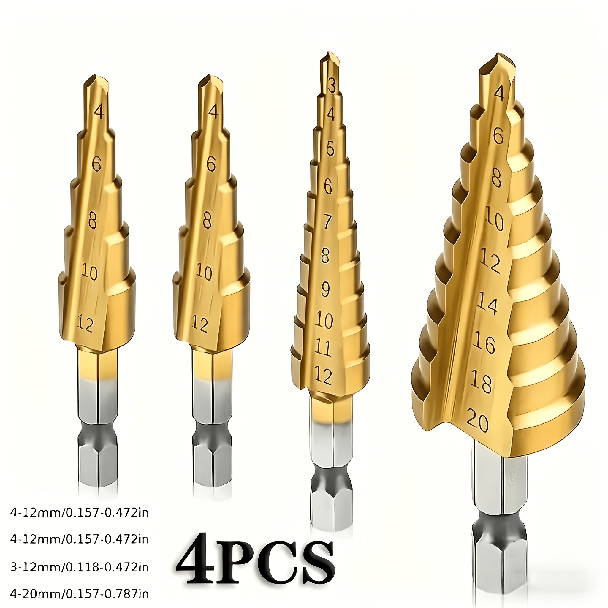 TEMU 4pcs Step Drill Bit Set (4 X 20/4 X 12/3 X 12 Mm, 3/6/8 Mm) - Precision Rotary Drill Bit, Suitable For Wood And Metal Materials, Covering A Of