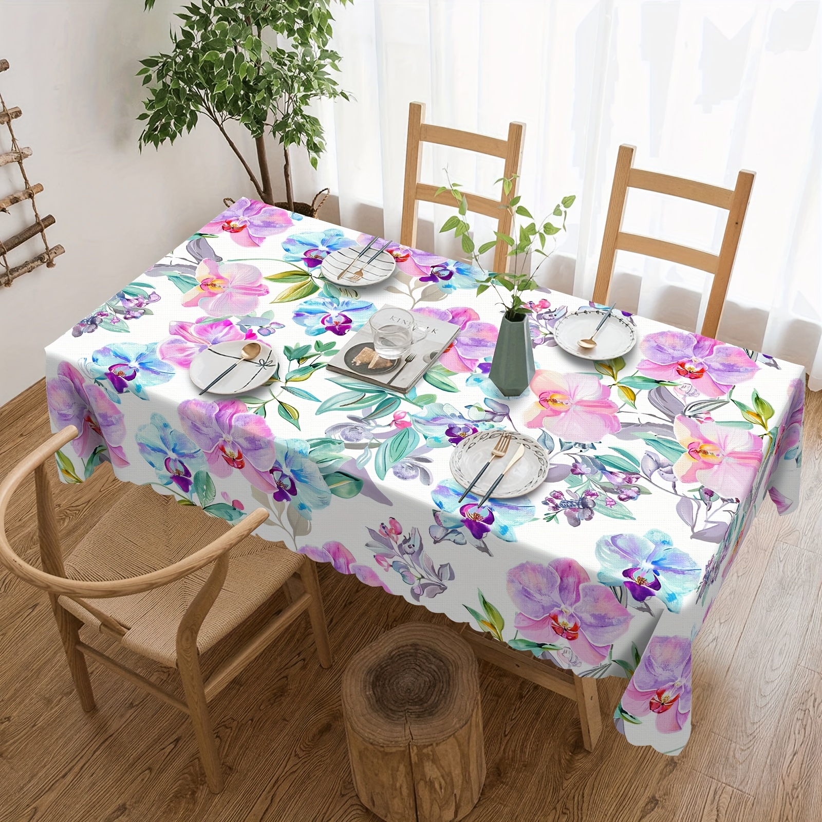 TEMU 1pc Elegant Tablecloth Suitable For Indoor/outdoor Use - Rectangular Phalaenopsis Flower With Ink Watercolor Texture, Fabric, - For Parties,