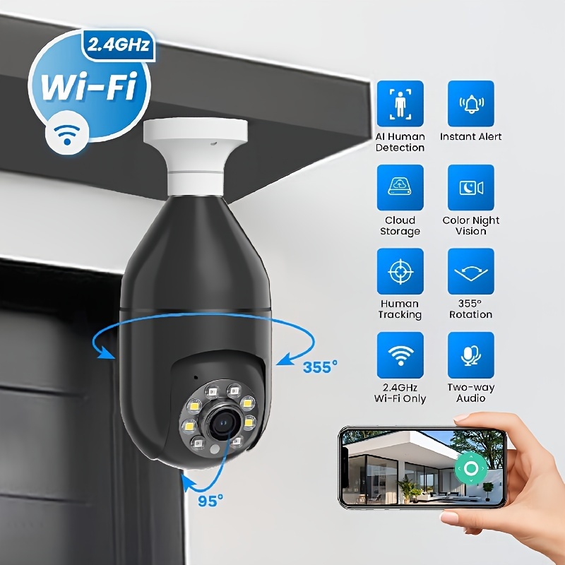 Cámara de seguridad de 360 bombillas, 2K 3MP inalámbrica 2.4GHz WiFi  cámaras de vigilancia para el hogar, audio bidireccional, monitor de bebé y