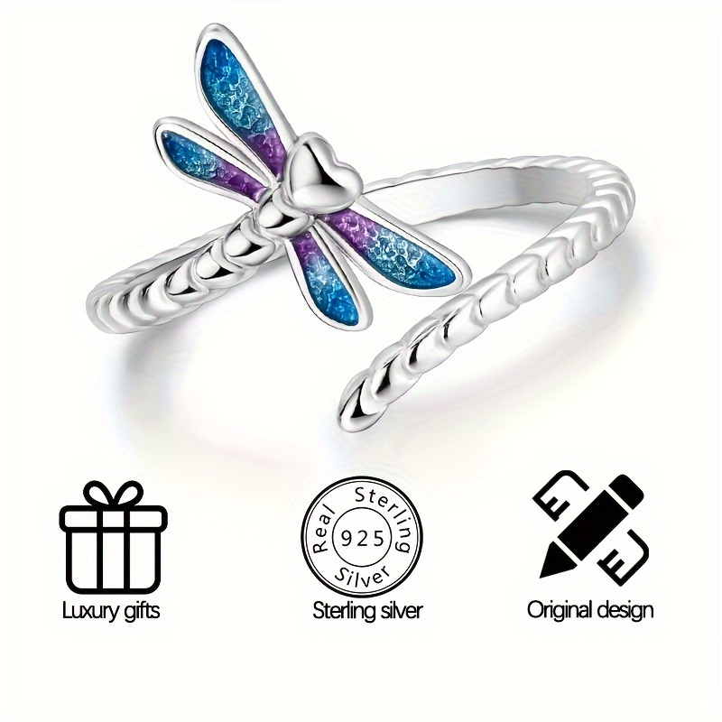 

Elegant 925 Sterling Silver Dragonfly Ring For Women, 18k White Gold Plated, Adjustable Open Band, High Quality, Hypoallergenic, Enamel Craft, Simple Style - Ideal For Party, Banquet, 1.5g