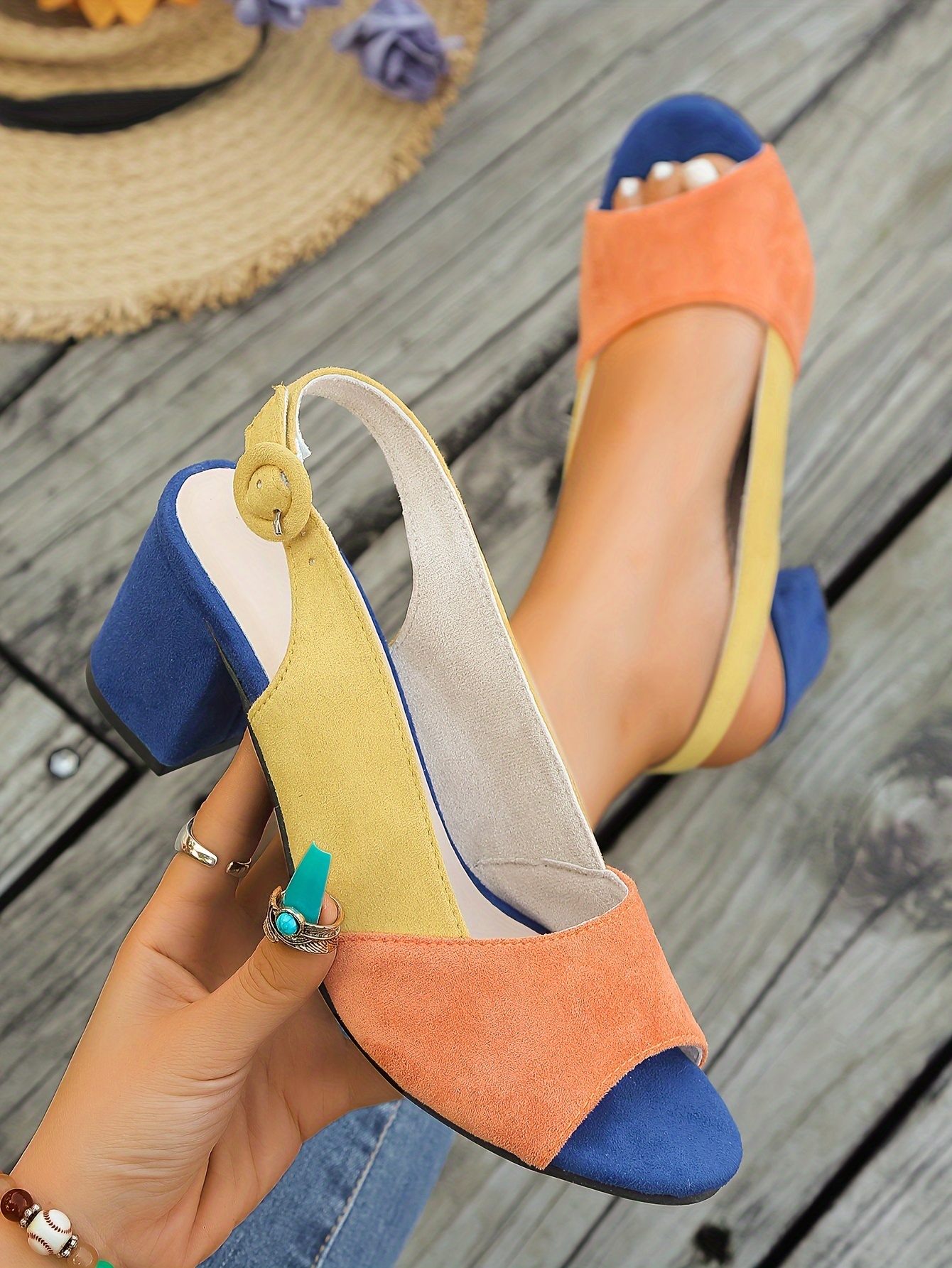 Women's Geometric Contrast Color Block Heel Sandals - Open Toe Ankle Strap with Buckle Closure, Cover Upper & Synthetic Cover Insole, High Block Heel for Casual & Party Wear, Casual Party Sandals | Buckle Strap Sandals | Rubber Sole Stability, High Heel Sandals