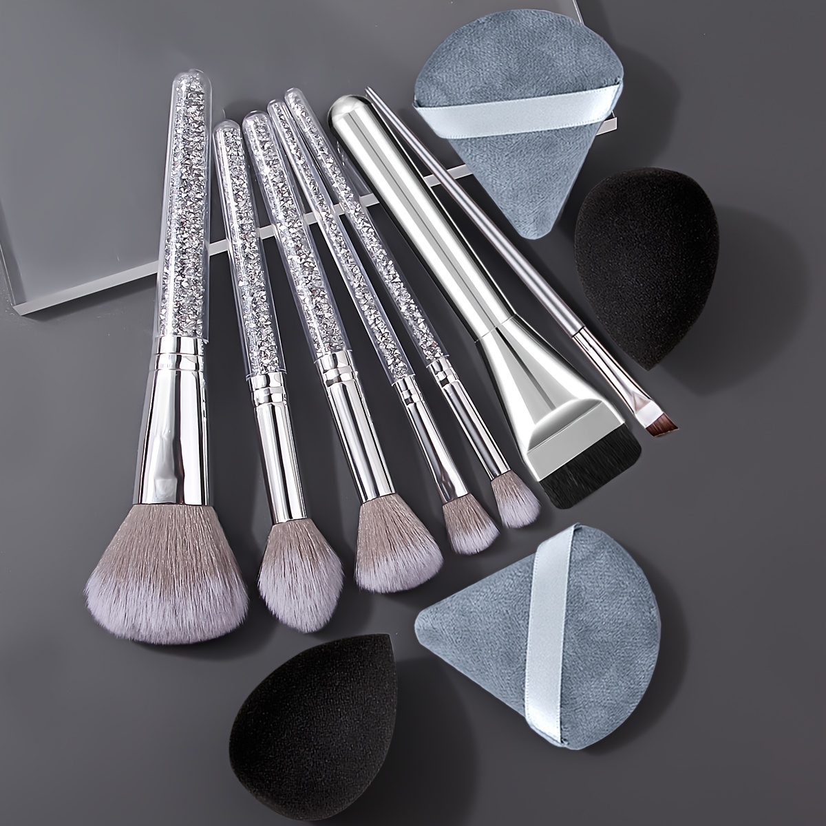 11pcs Professional Makeup Brush Set: 5 Handle Face Makeup Brushes - Flat Foundation Concealer Brush, Angled Precision Eyeliner Eyebrow Brush + 4 Makeup Sponges