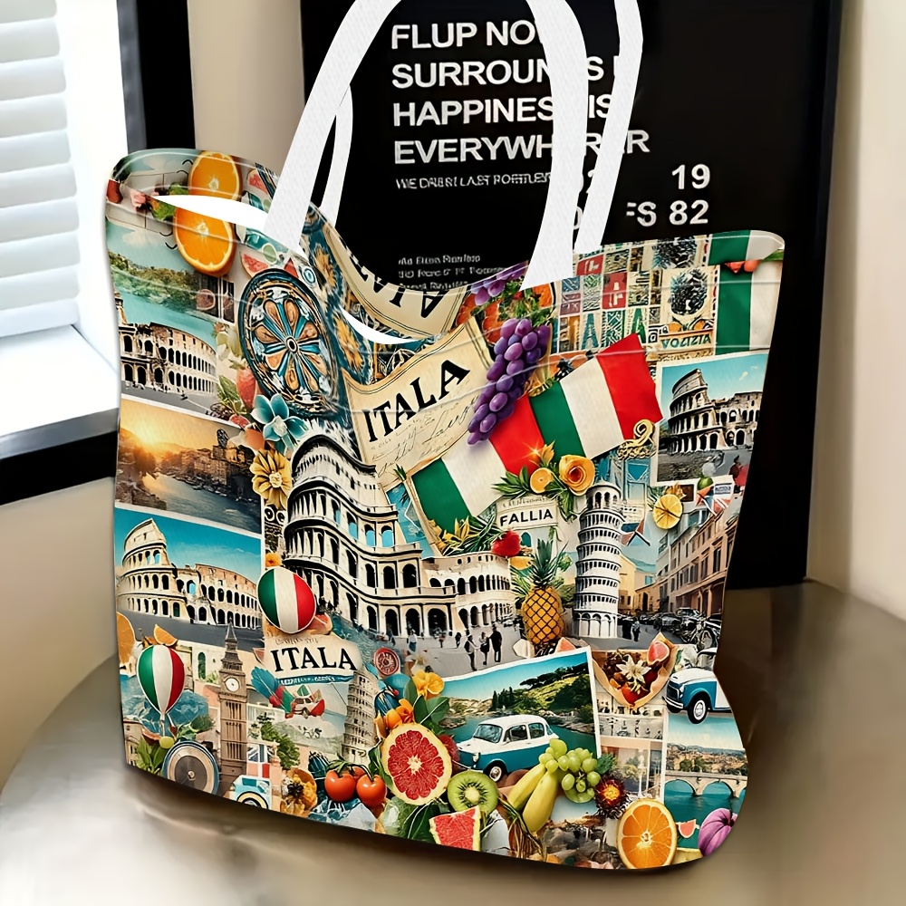 TEMU 1pc, Women's Shoulder Bag With Italian Style Collage Theme, Multifunctional, Handbag, Clutch, Evening Bag, Travel Essential, Fashion Casual,