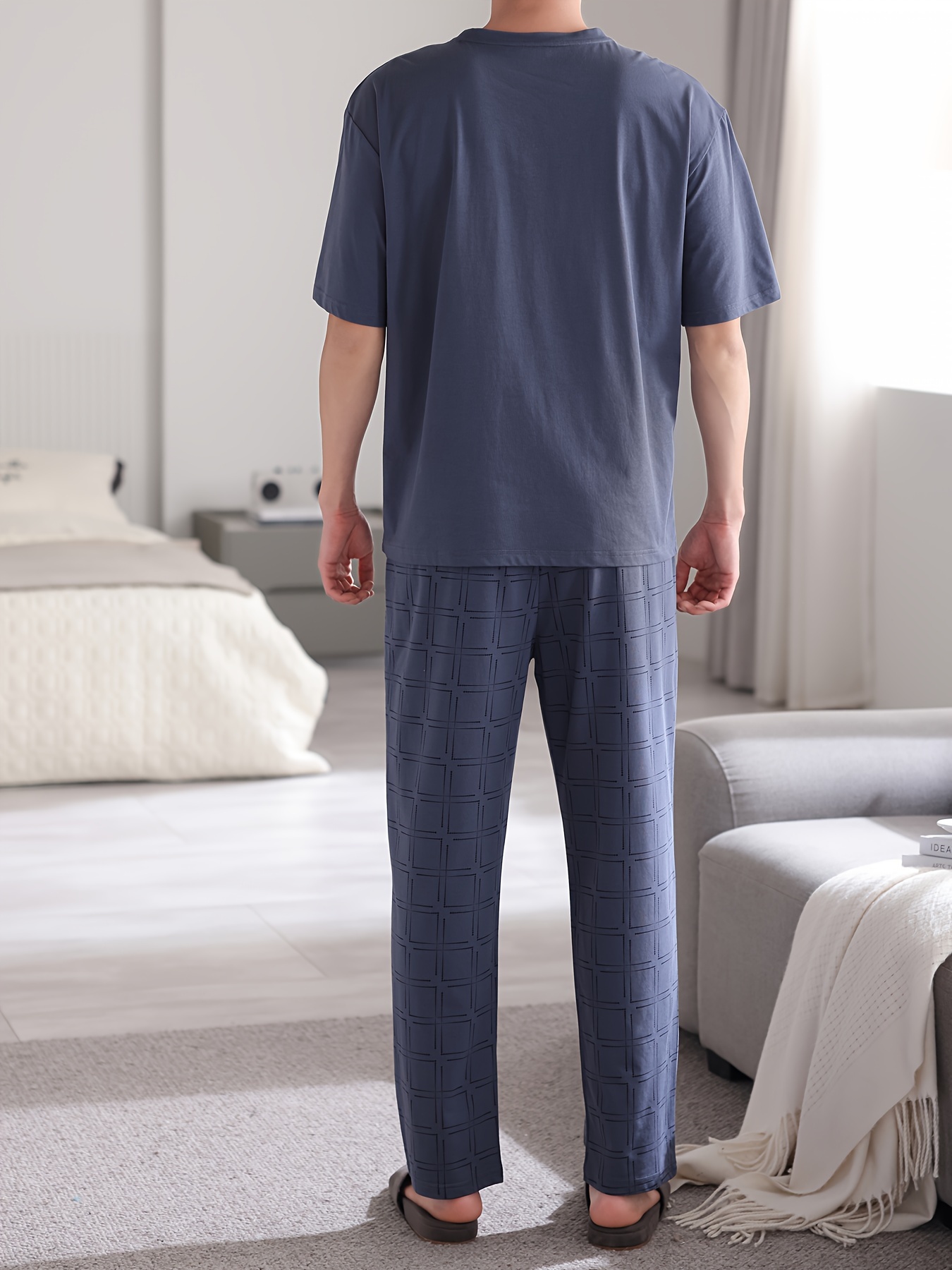 Men'S Summer Cotton Pajama Set, Casual Crew Neck Short Sleeve Long Pants with Pocket, Knit Fabric, Regular Fit, Slight Stretch, Solid Color, No Belt, Home Wear - Large Size