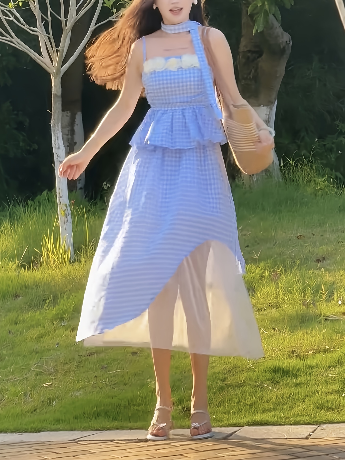 blue plaid cami top skirt set women elegant summer beach - Temu Bahrain
