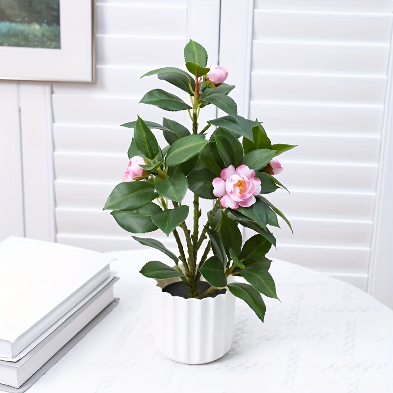 Image of 1pc 37cm (h) Simulation 6 Inch Camellia Potted Plant (jp003 White Vertical Striped Round Pot Room, Dining Table, Office, Hotel And Other Indoor Decoration Ornaments)