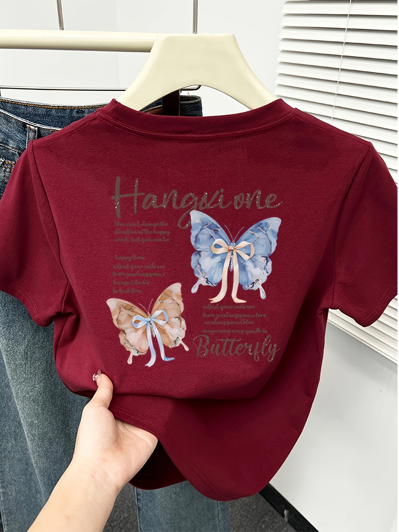 womens   fit   print t shirt hangin   with blue brown butterflies casual short sleeve top for spring summer   shirt Product details 8