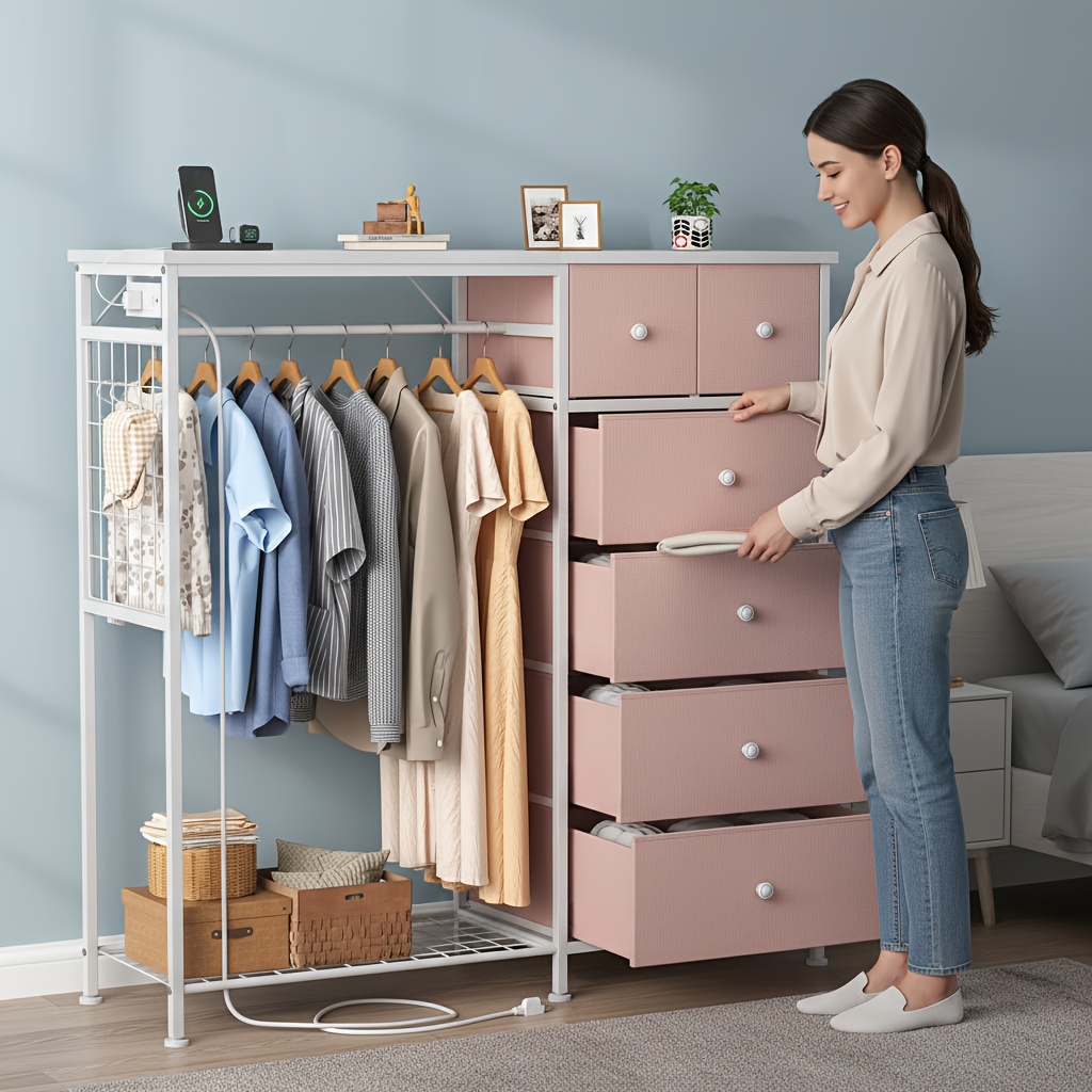 Dresser with LED Lights And Charging Station for Bedroom - 6-Drawer Fabric Storage Dresser with Hanging Rack, Sturdy Wooden Top, Stable Anti-Tip Design, Perfect for Modern Homes & Apartments
