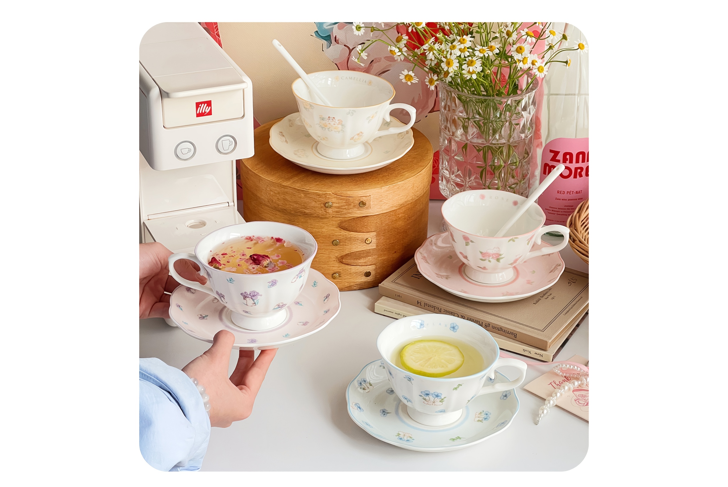 elegant vintage french inspired teacup and saucer set whimsical floral and animal   for afternoon tea coffee or decor   matching spoon 4pcs set porcelain bone china best for christmas   thanksgiving Product details 1
