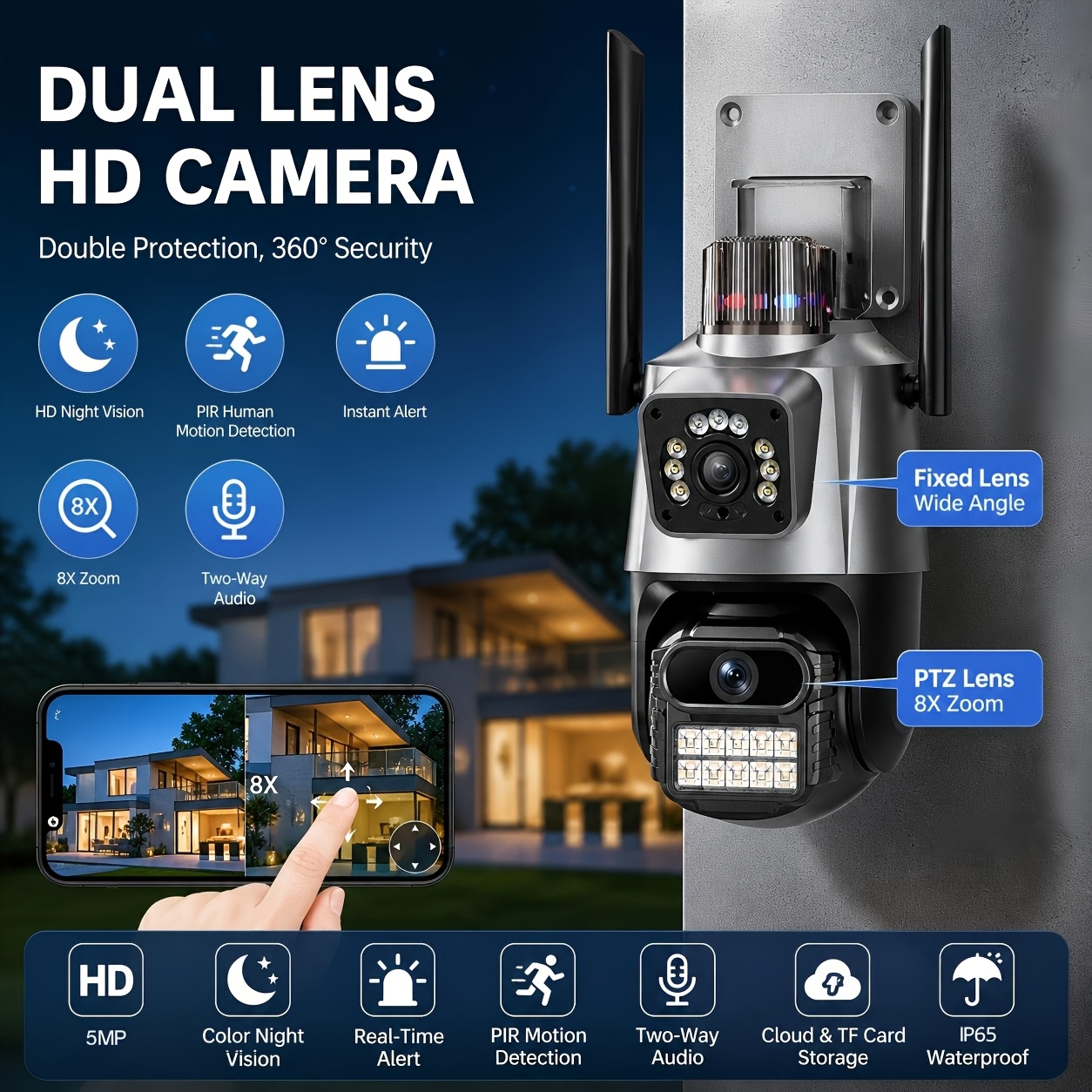 TEMU 1pc Dual-lens 8x Zoom Waterproof Home Camera, 5mp Hd, Ip65 Waterproof, Human/vehicle/animal Motion Detection, Hd Night Vision, Audio, Control,