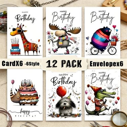 12 funny cartoon animal birthday cards with envelopes 6 different designs featuring party hats and balloons suitable for occasions including thank you cards bulk pack for women and men humorous greeting cards