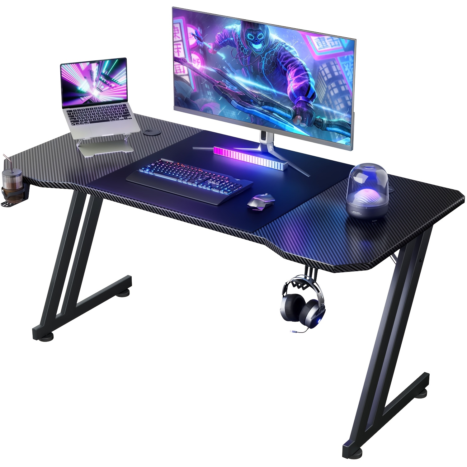 Image of Z Shaped Gaming Desk, Carbon Fibre Surface Gaming Table, Large Computer Desk, Ergonomic Home Office Desks, With Cup Holder & Headphone Hook, Suitable For Gaming Or Working From Home