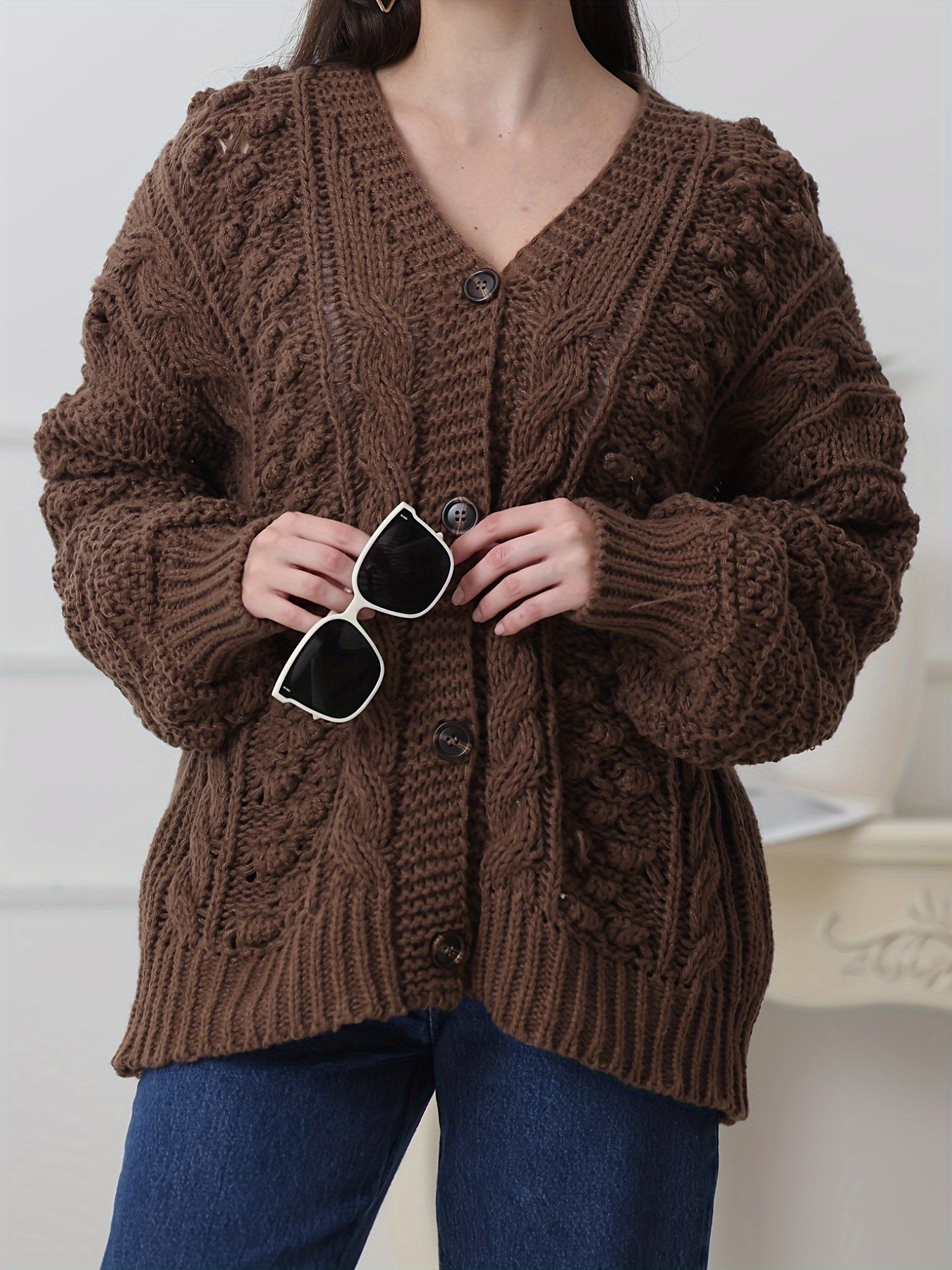 Solid Button Chunky Cable Knit Cardigan Casual Long Sleeve Temu