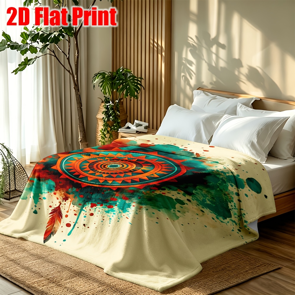 1pc flannel blanket tribal mandala and feather watercolor art throw blanket soft and cozy great for living room car and camping coverlet blanket koc autumn fall fall decor halloween thanksgiving and christmas gift 2d flat