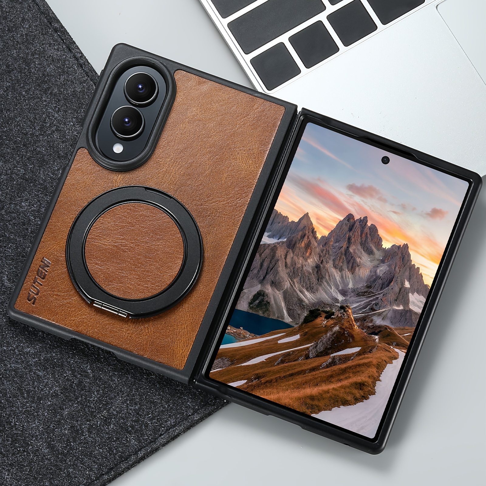 TEMU Phone Case: Suteni For Galaxy Z Fold 8 Phone Case Magnet Wireless Charging Oil Wax Synthetic Leather 360° Rotating Stand Buckle For Unisex