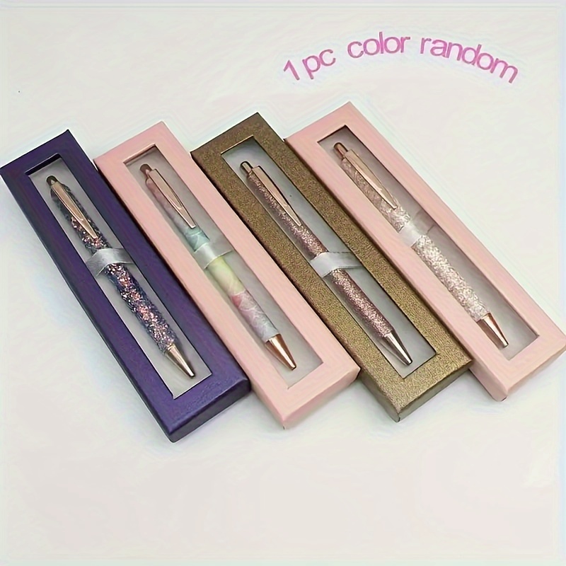 Image of 1 Elegant Sparkling Metal Ballpoint Pen With 1 Gift Box (random Color Hair) - Medium Pen Tip, Extendable Design, Suitable For Gifting And Women' Use