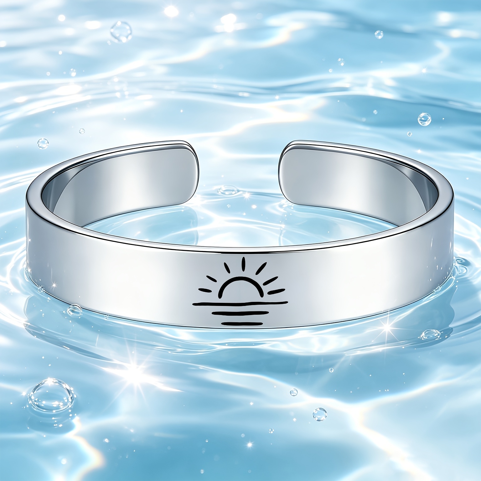 Minimalist Sunrise-over-Water Pattern 304 Stainless Steel Bangle