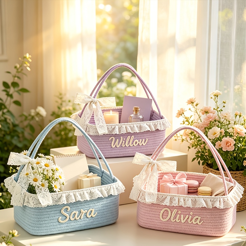 Custom Name Storage Basket with Lace Trim, Handheld Organizer