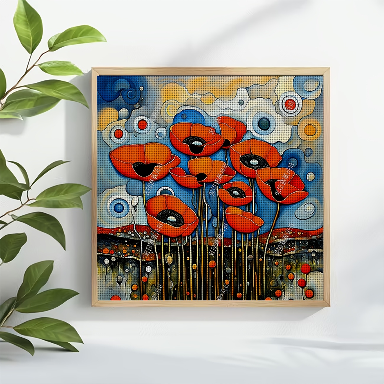 Cross Stitch Printed Kit, Frameless, Red Flowers with Colorful Round Background