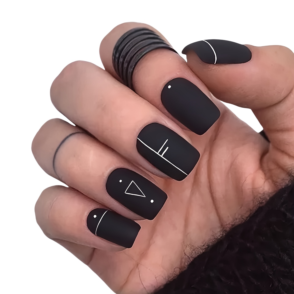 

24 Pcs Black Matte Press-on Nails With Line Design, Short Square Shape, Pure Color Pattern, Includes Jelly Glue And Nail File