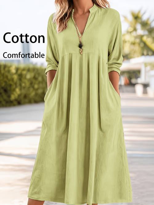 womens casual loose fashion retro 3 4 sleeve v neck pocket dress suitable for daily vacation outing and shopping occasions